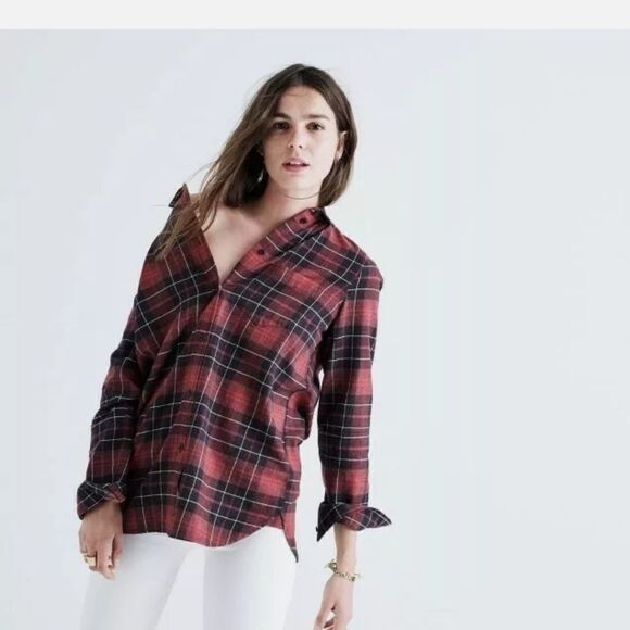 MADEWELL Flannel Slim Ex-Boyfriend Shirt in Winslow Plaid Size Small Red Black - Picture 1 of 9